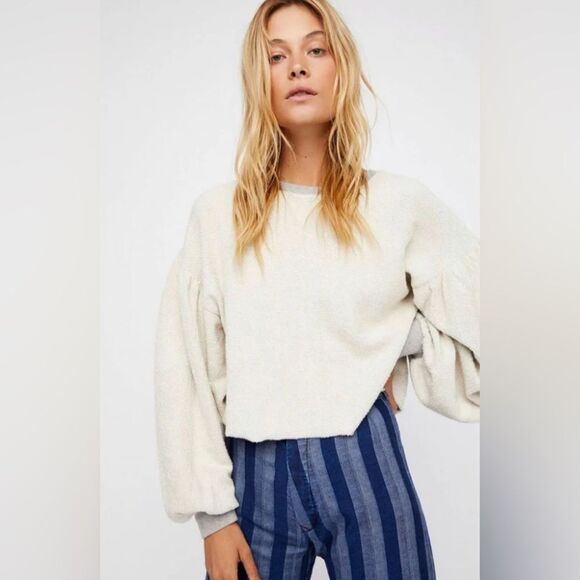 Free People Cream Cropped Sweatshirt with Balloon Sleeves - Picture 1 of 8